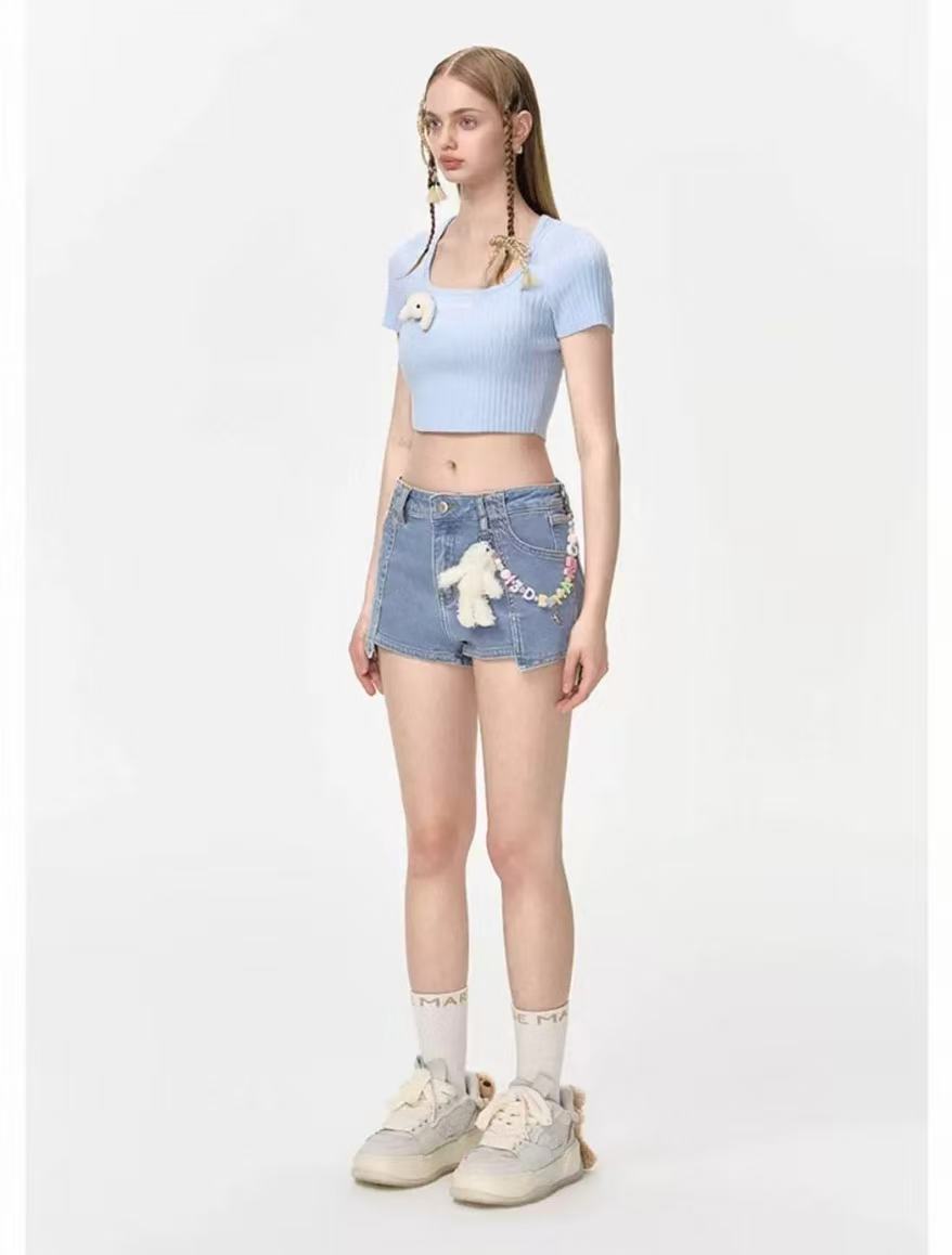 13DE MARZO Beaded Logo Denim Shorts / Blue