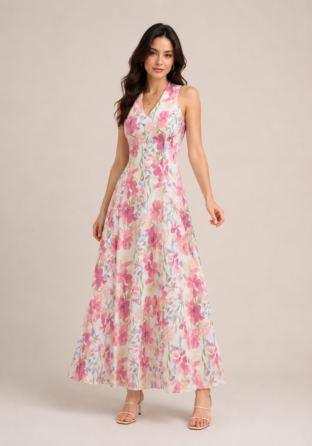Custom-Print Pink Cotton Maxi Dress